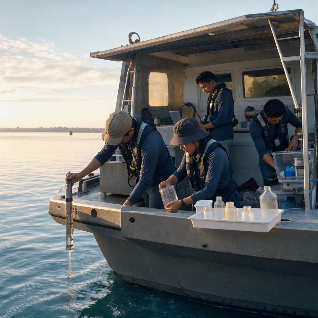 Visitors wearing headphones while viewing a projected marine sound waveform