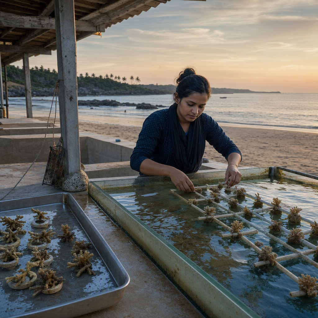 Gloved hands tending small coral fragments in a clear research tank