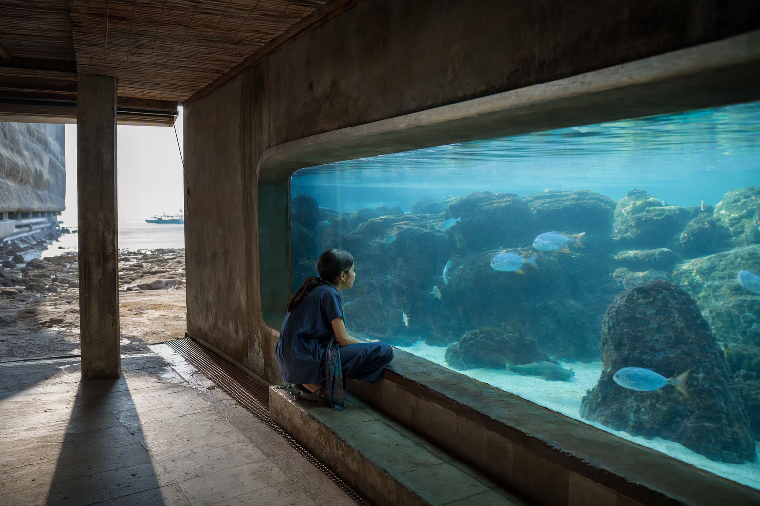 Illustrative visitors watching marine research through the fictional Deep Blue Lab window