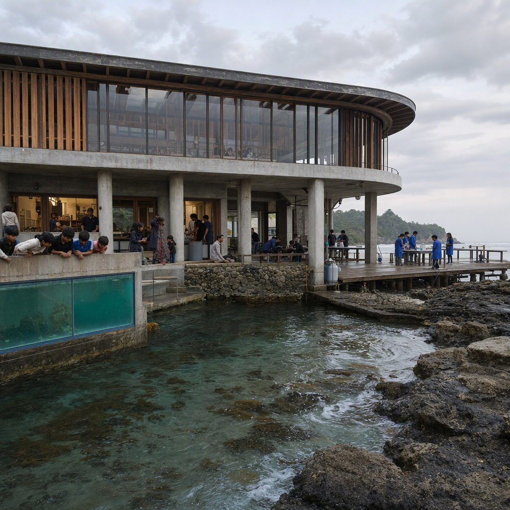 School pupils collaborating around a large coastal habitat map