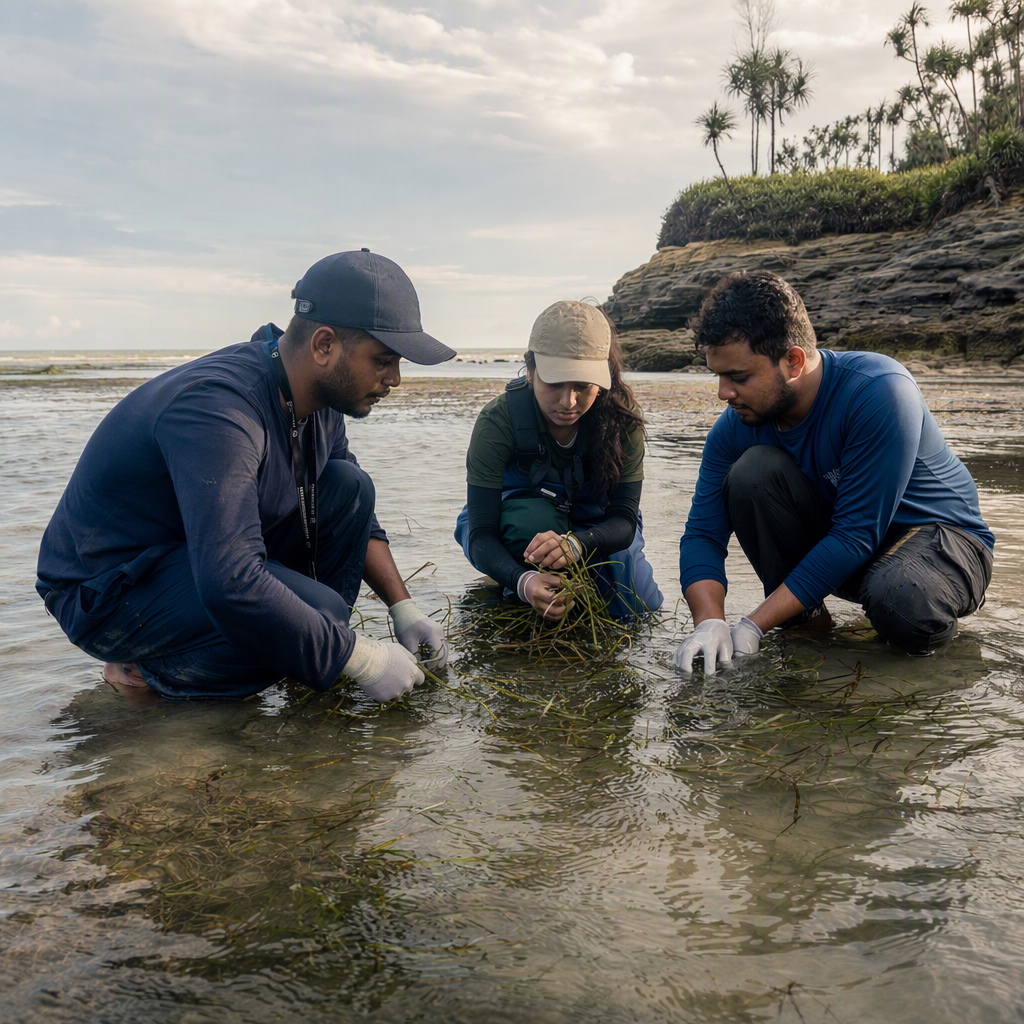 Trained conservation team observing a young sea turtle moving toward the water at twilight