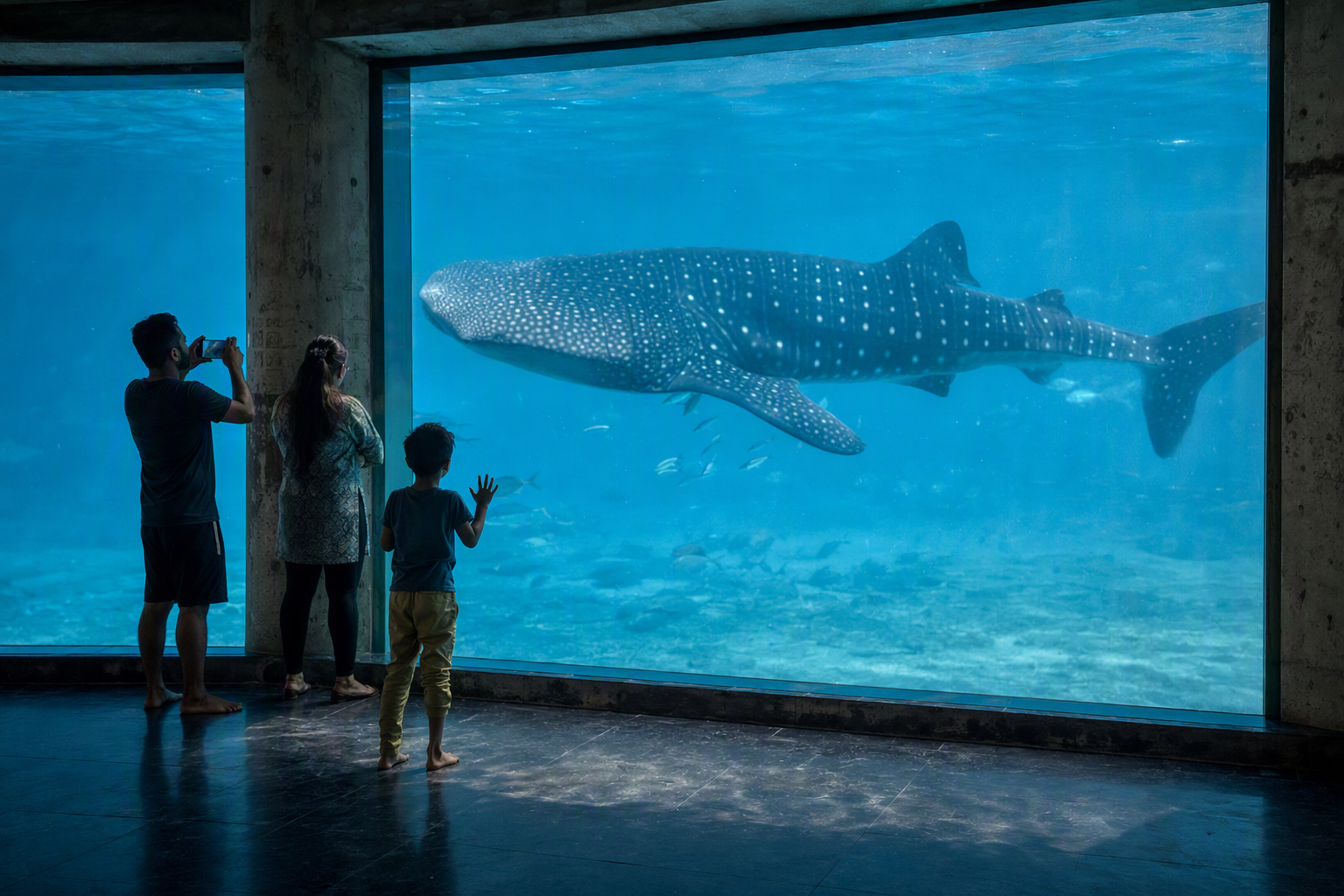 Whale shark swimming below the sunlit ocean surface
