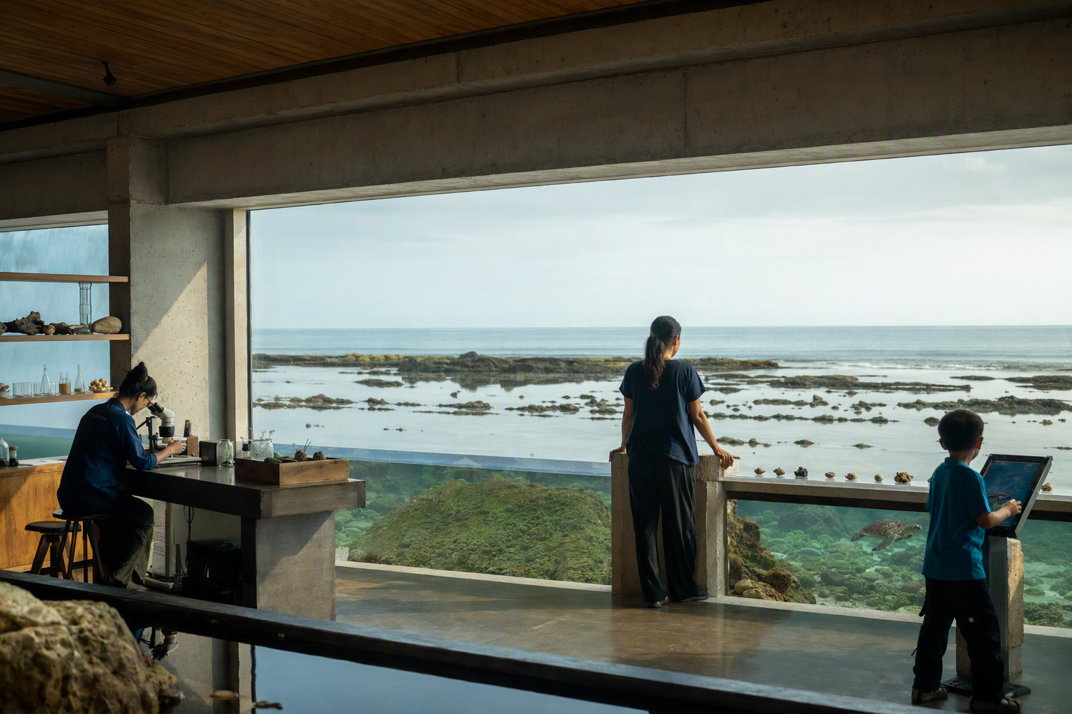 Illustrative visitor silhouette facing a vast aquarium window filled with silvery Bay of Bengal fish